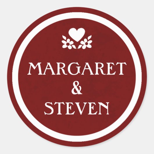 Rond Sticker Maroon Red & White Mariage Circle Nom (Devant)