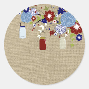 Rond Sticker Mason Rouge et Bleu Grange Jar Faux Burlap