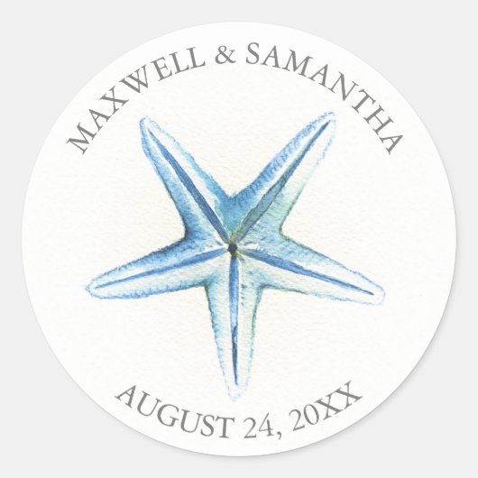 Rond Sticker Merci Blue Starfish Beach Mariage (Devant)