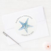 Rond Sticker Merci Blue Starfish Beach Mariage (Enveloppe)