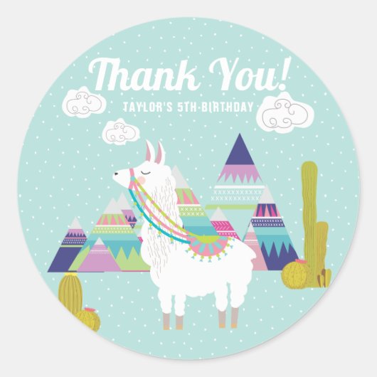 Rond Sticker Merci d'anniversaire de Llama mignon et co (Devant)