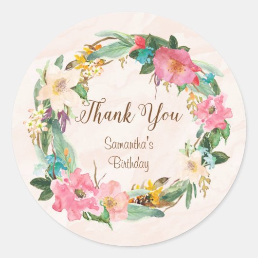 Rond Sticker Merci d'anniversaire Fleurs (Devant)
