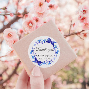 Rond Sticker Merci de mariage Fleur Bleue Faveur