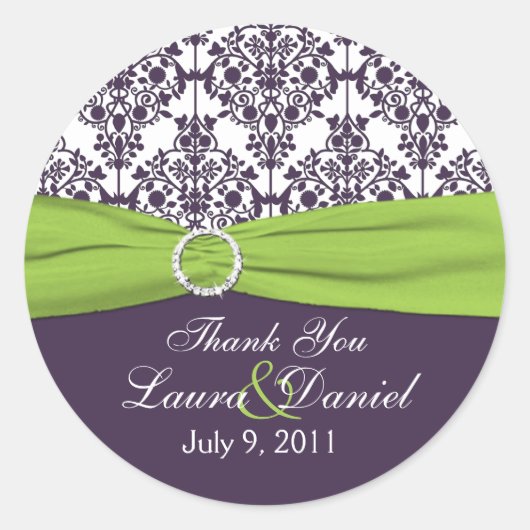 Rond Sticker Merci Lime et pourpre Damask (Devant)