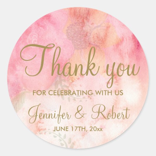 Rond Sticker Merci or rose aquarelle (Devant)