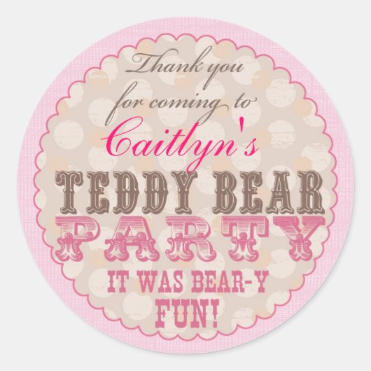 Rond Sticker Merci Teddy Bear Party - rose (Devant)