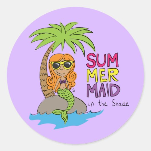 Rond Sticker mignon de sirène d'été violet (Devant)
