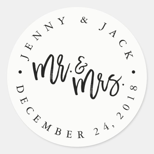 Rond Sticker moderne noir blanc M. et Mme Mariage (Devant)