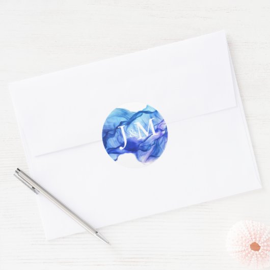 Rond Sticker Monogram Mariage Abstrait en soie bleu (Enveloppe)