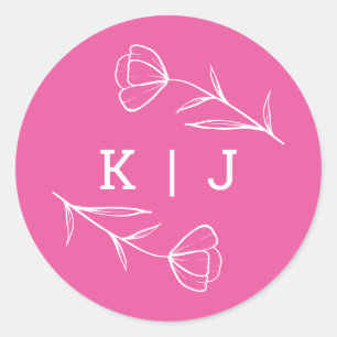 Rond Sticker Monogram Mariage fleur sauvage en rose
