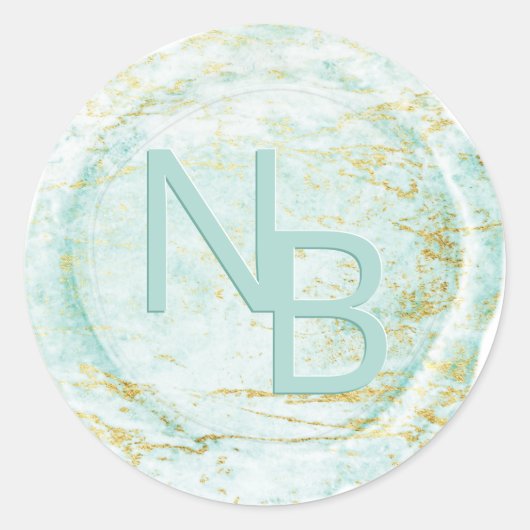 Rond Sticker Monogramme de cire de marbre moderne Aqua (Devant)