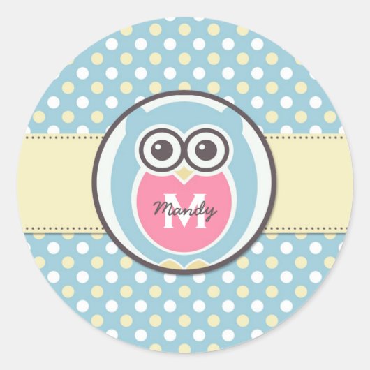 Rond Sticker Monogramme de dessin de la Chouette jaune (Devant)