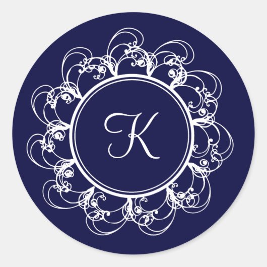 Rond Sticker Monogramme Fancy Bleu Foncé (Devant)