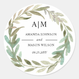Rond Sticker Monogramme Mariage de feuillage vert aquar