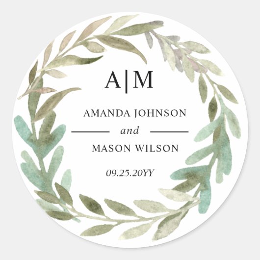 Rond Sticker Monogramme Mariage de feuillage vert aquar (Devant)