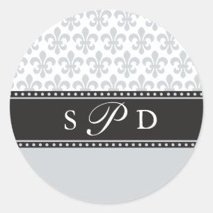 Rond Sticker Monogramme Mariage Silver Grey Fleur de li
