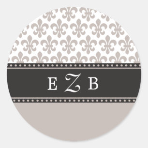 Rond Sticker Monogramme Mariage Taupe Fleur de lis.