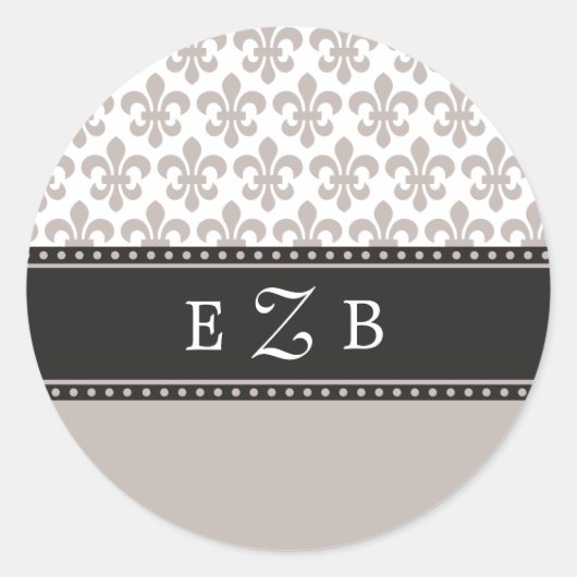 Rond Sticker Monogramme Mariage Taupe Fleur de lis. (Devant)