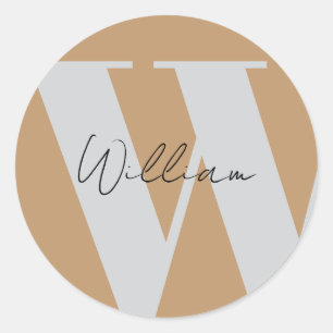 Rond STICKER Monogramme nom mocha brun gris élégant