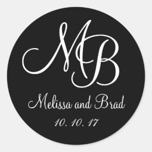 Rond Sticker Noir Blanc Double Monogrammes Mariage Favo