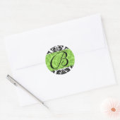Rond Sticker noir, blanc n Lime Fleur de Lis Damask (Enveloppe)