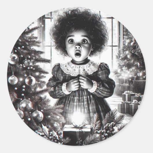 Rond Sticker noir et blanc Awe de Noël (Devant)
