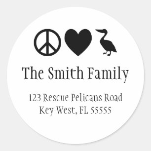 Rond Sticker Peace Love et Pélicans