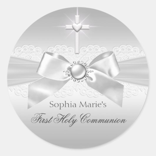 Rond Sticker Pearl Bow & Cross First Holy Communion (Devant)