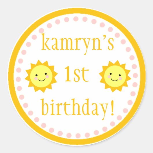 Rond Sticker personnalisé Sunshine 1er Anniversaire (Devant)