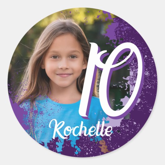 Rond Sticker photo avec pinceau violet - 10 ans (Devant)