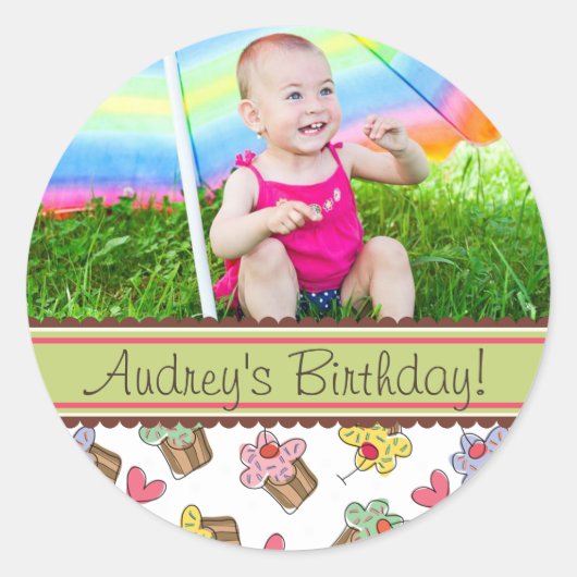 Rond Sticker photo d'anniversaire pour fille de cerise  (Devant)