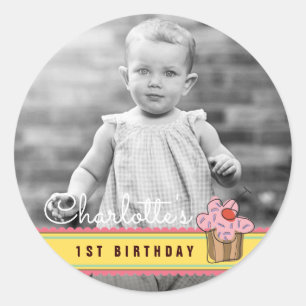 Rond Sticker photo Sweet Cherry rose Cupcake Anniversai