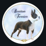 Rond Sticker Portrait de Boston Terrier<br><div class="desc">Ce beau portrait de l'AKC Breed,  le Boston Terrier,  est décoré avec le nom de la race dans un script élégant. Cet art unique pour chien a l'air superbe sur n'importe lequel de nos produits.</div>