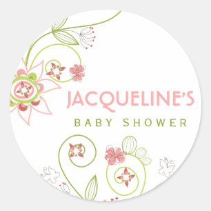 Rond Sticker pour Baby shower fille en fleurs roses Whi