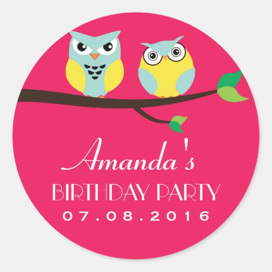 Rond Sticker pour l'anniversaire de la Chouette rose (Devant)