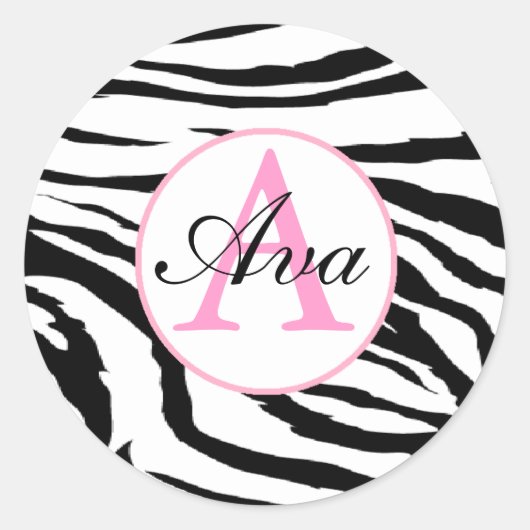 Rond Sticker pour nom de monogramme rose Zebra et Candy (Devant)