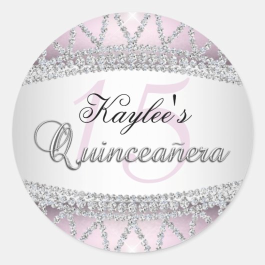 Rond Sticker Quinceanera en argent et diamants roses (Devant)