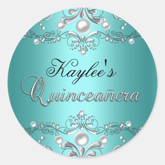 Rond Sticker Quinceanera en argent et Turquoise Damask (Devant)