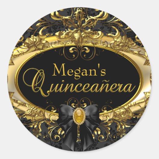 Rond Sticker Quinceanera Gold & Black Damask (Devant)