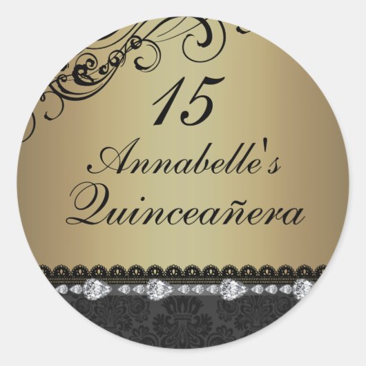 Rond Sticker Quinceanera Gold Diamond & Damask (Devant)