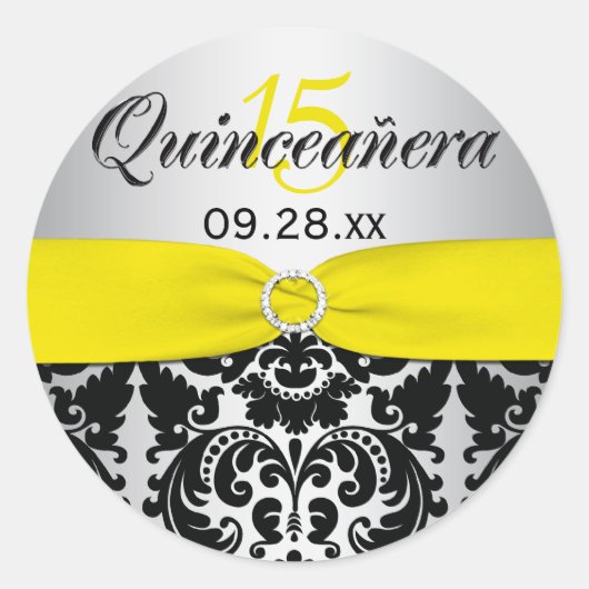 Rond Sticker Quinceanera Jaune, Argent, Noir (Devant)