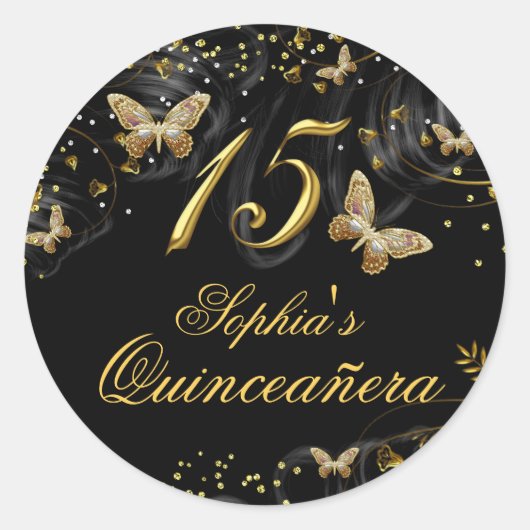 Rond Sticker Quinceanera pour papillon noir et or (Devant)
