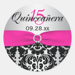 Rond Sticker Quinceanera rose, Argent, Noir Damas