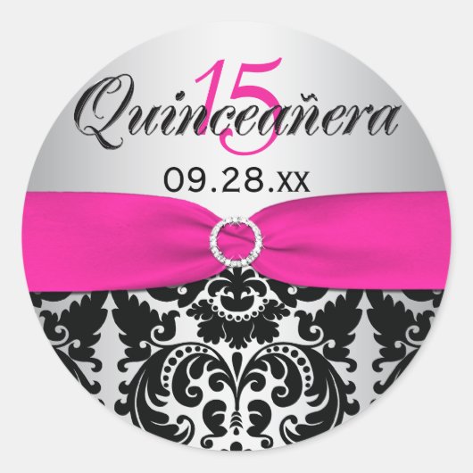 Rond Sticker Quinceanera rose, Argent, Noir Damas (Devant)