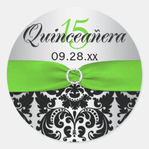 Rond Sticker Quinceanera vert, argent, noir Damas