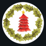 Rond Sticker Red Christmas Tree<br><div class="desc">Stickers Arbre de Noël rouge avec couronne verte</div>