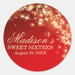 Rond Sticker Red Sweet 16 personnalisé avec étoiles d'o