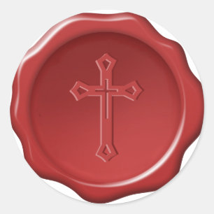 Rond Sticker Religieux Embossé Croix De Cire Rouge
