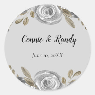 Rond Sticker Rose argent et Mariage feuille argent