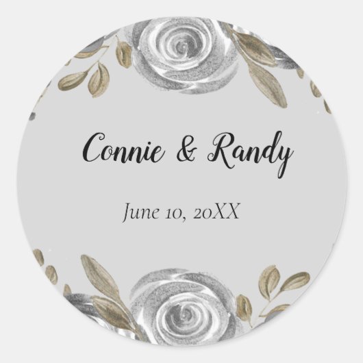 Rond Sticker Rose argent et Mariage feuille argent (Devant)